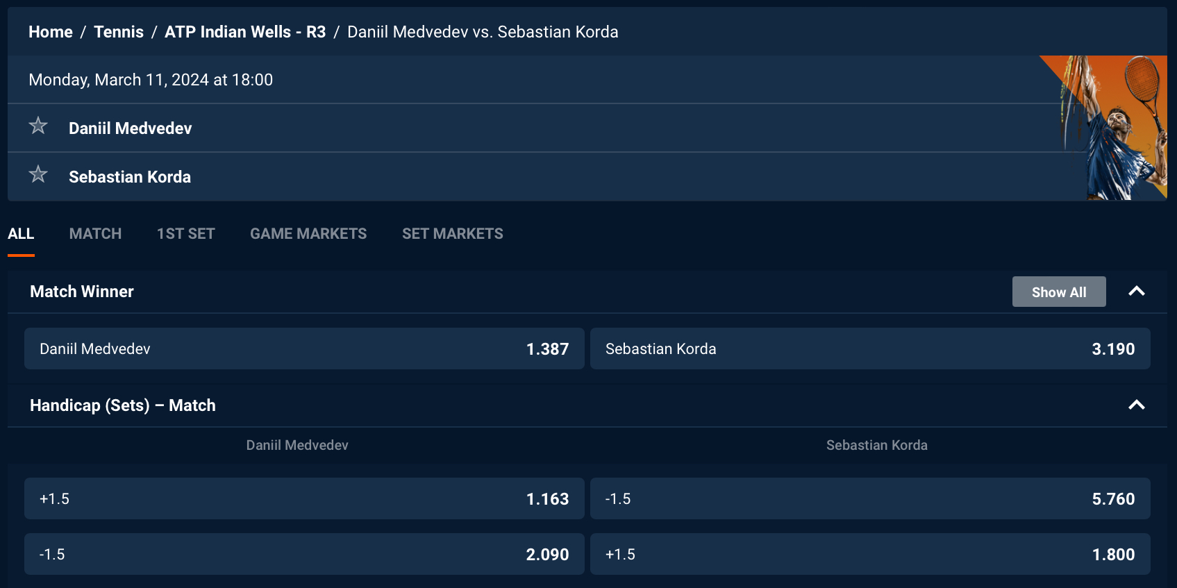Pinnacle Medvedev vs Korda screenshot showing odds as of publication (ATP Indian Wells R3 Mon 11 March 2024)