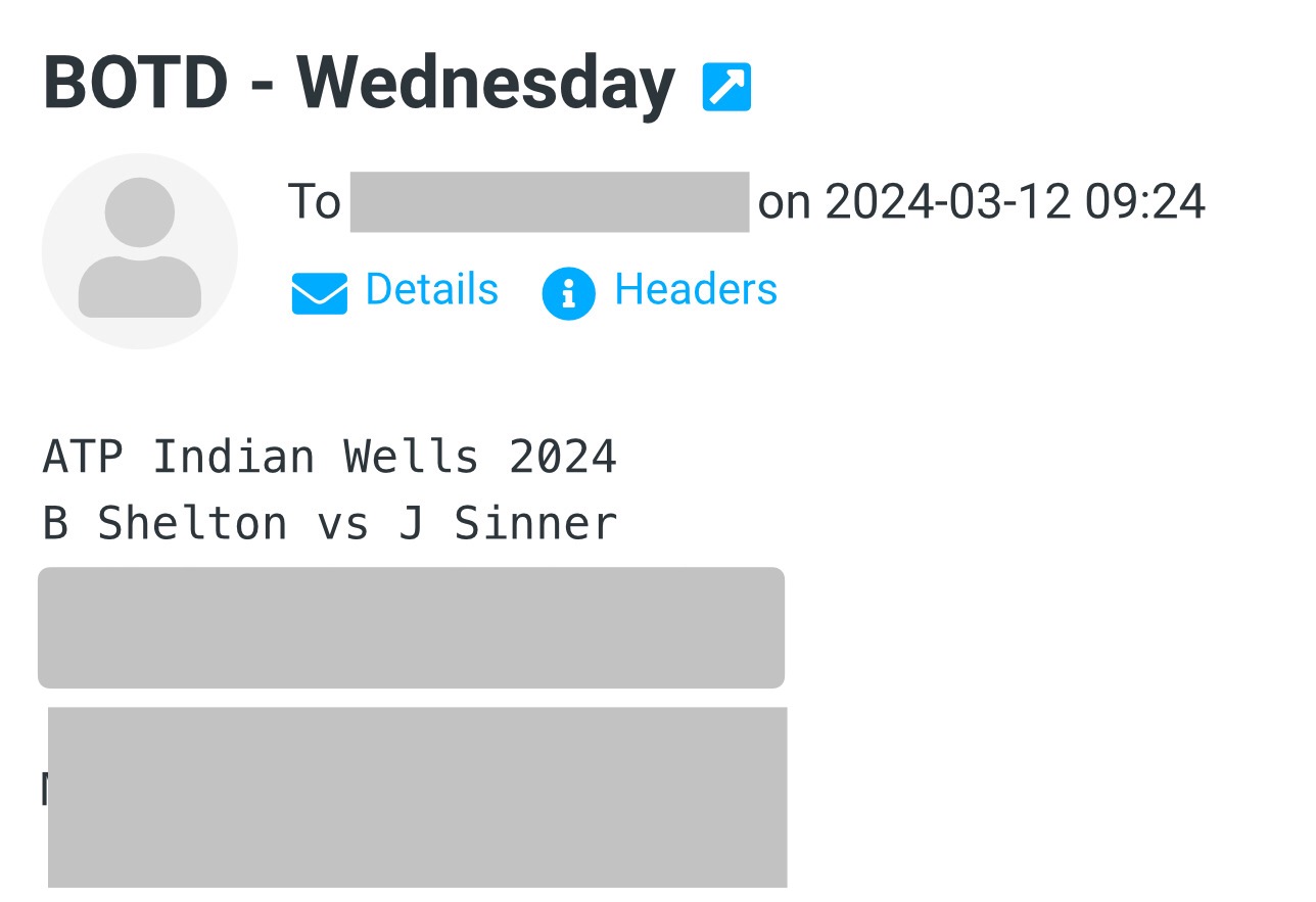 BOTD email preview for Wed 13 March (Shelton vs Sinner tips)