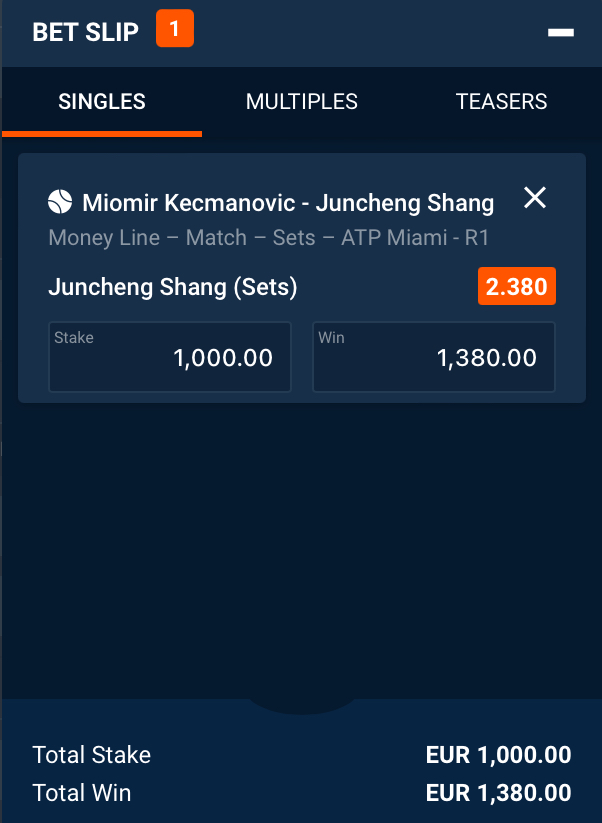 Shang odds betslip for Miami Open Wednesday 20 March