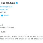 Rublev vs Giron free tips email showing advisory to back Giron at odds of 4.70 using the Betfair Exchange to beat his opponent Rublev at ATP Halle R1 2024 on Tuesday