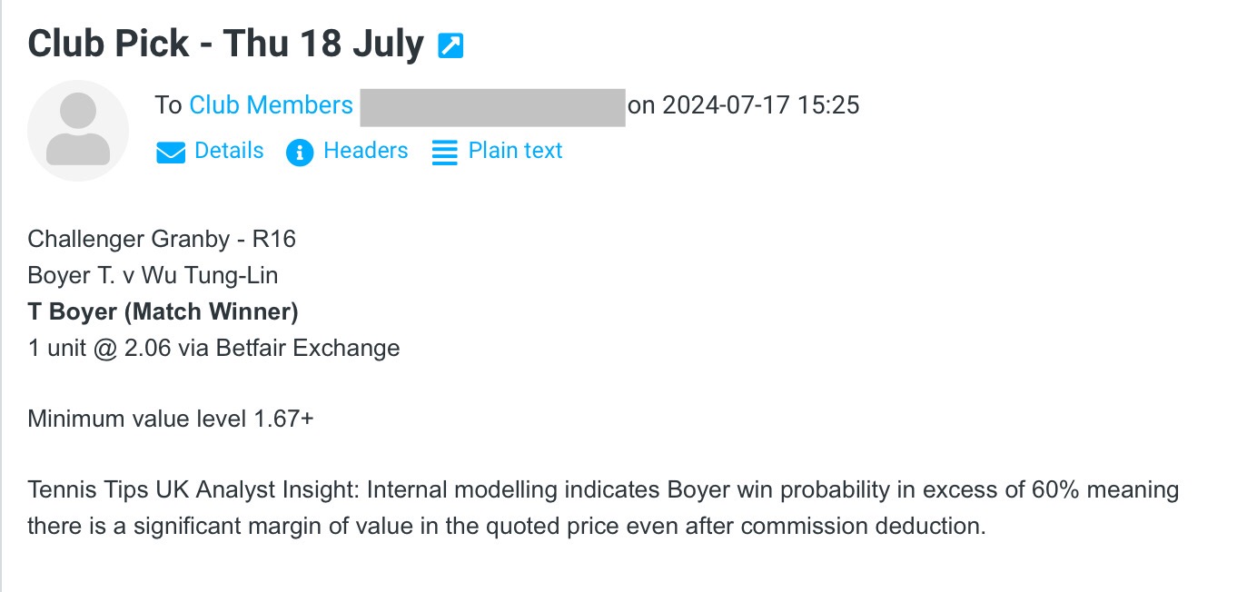 Club pick for Thursday 18th July - Challenger Granby