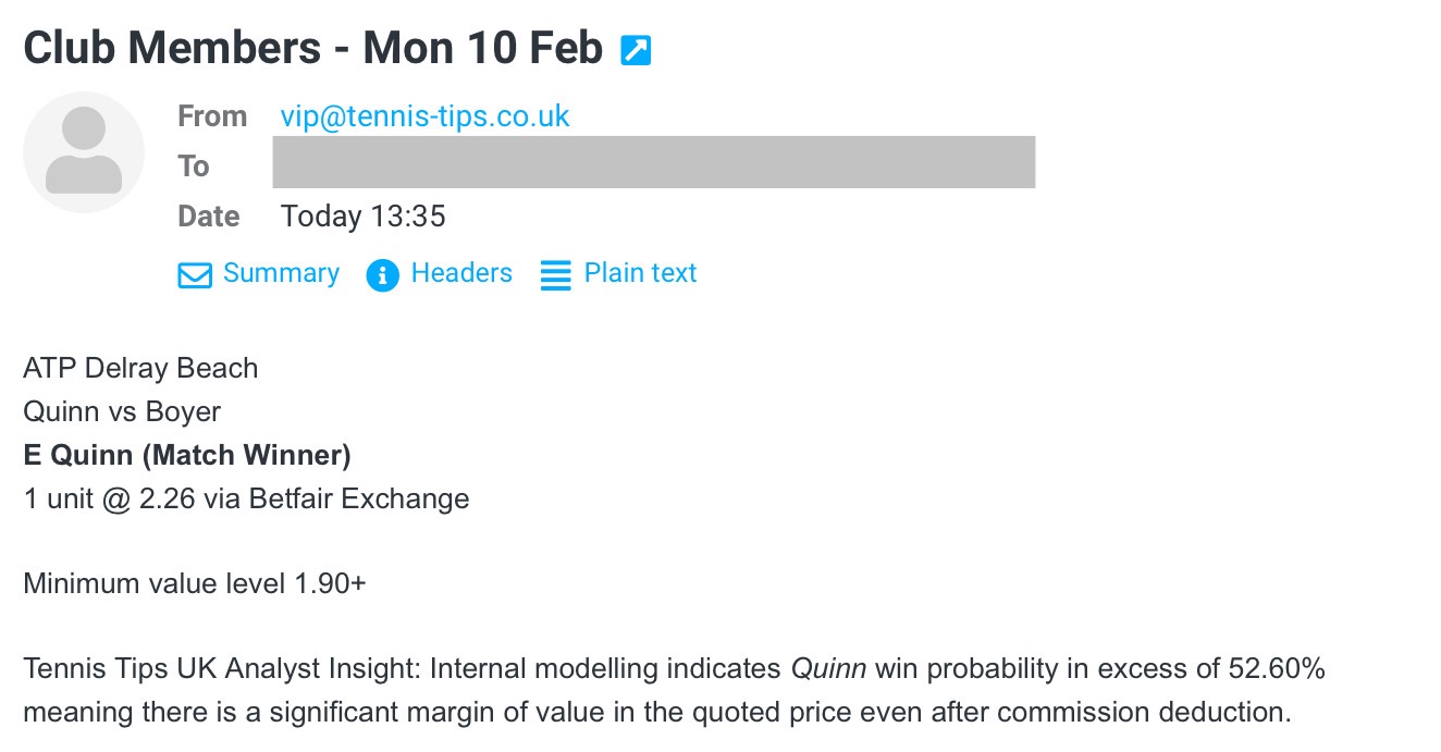 ✅ WON @ 2.26 – E Quinn – Mon 10 Feb 2025 – ATP Delray Beach