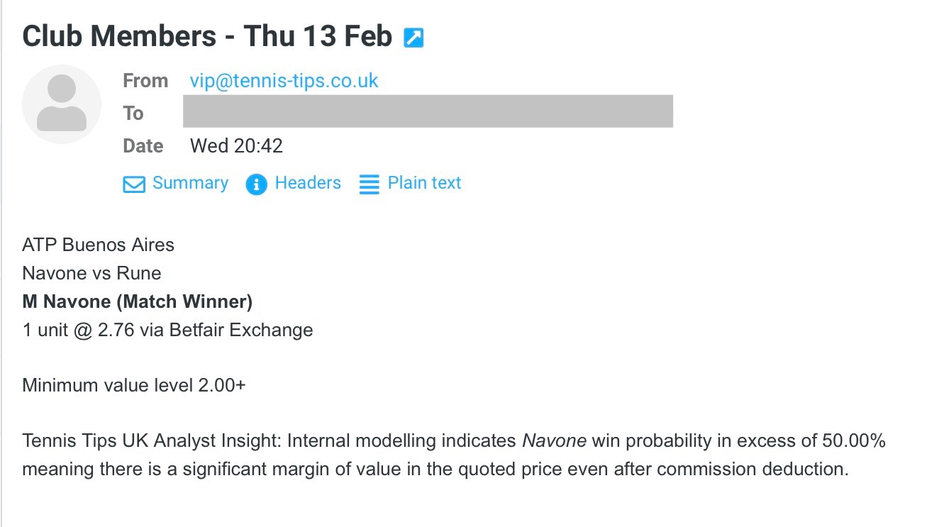 ✅ WON @ 2.76 – Thu 13 Feb – ATP Buenos Aires 2025 (Club P/L Report)