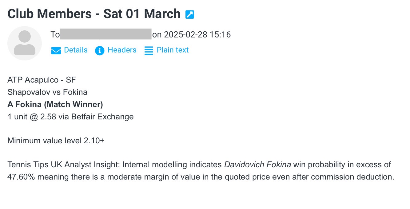 ✅ WON @ 2.58 – Sat 01 March 2025 – A Davidovich Fokina – ATP Acapulco (Club P/L Report)