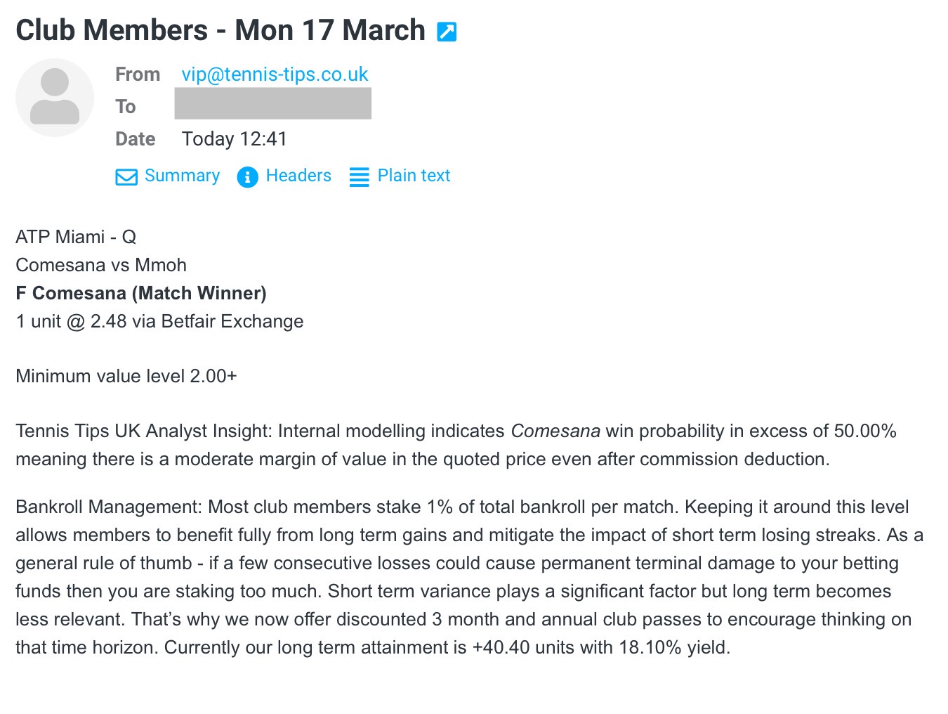 ✅ WON @ 2.48 – F Comesana – ATP Miami – Mon 17 March 2025 (Club P/L Report)