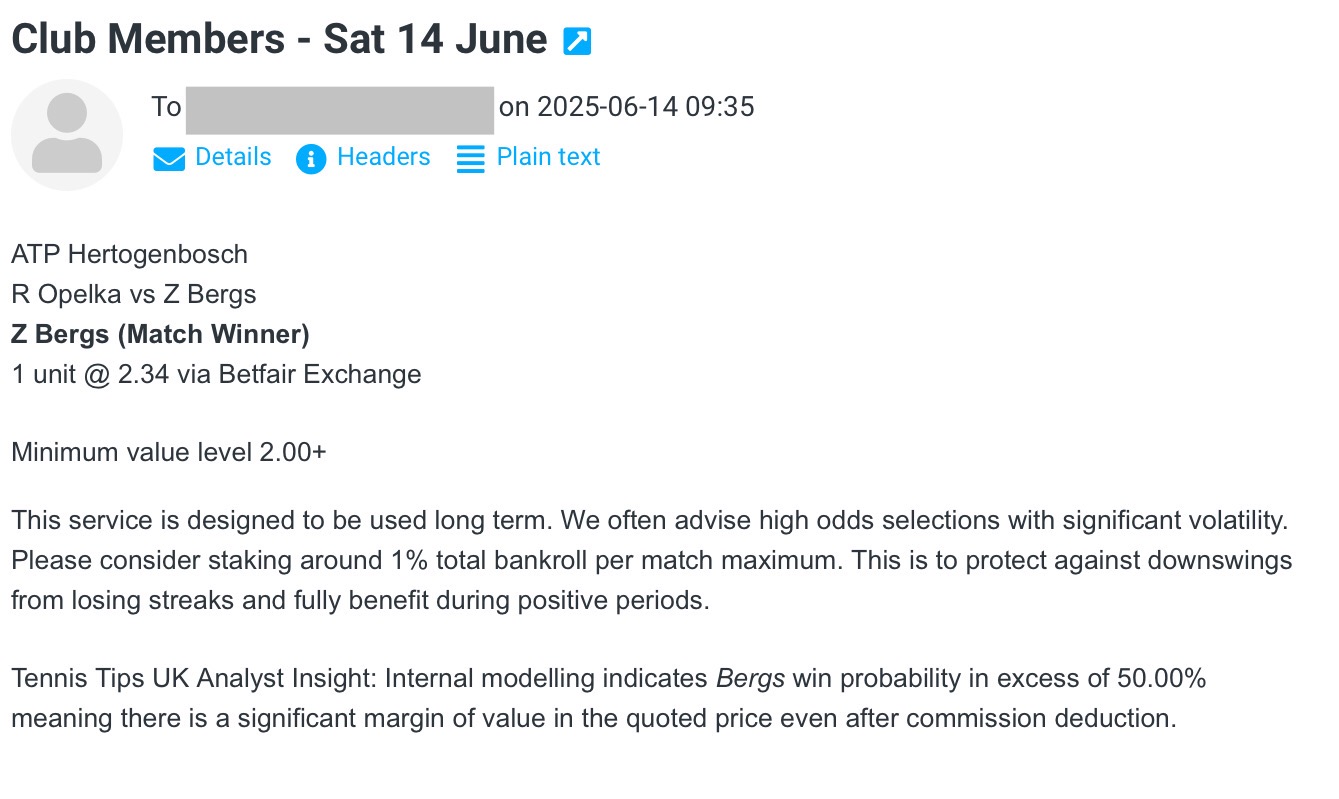 ✅ WON @ 2.34 – Z Bergs – ATP Hertongenbosch – Club P/L Report for Saturday 14th June 2025