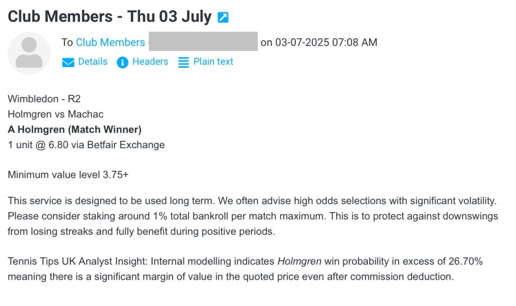 ✅ WON @ 6.80 (+580) - A Holmgren - Wimbledon club email with tennis betting tips