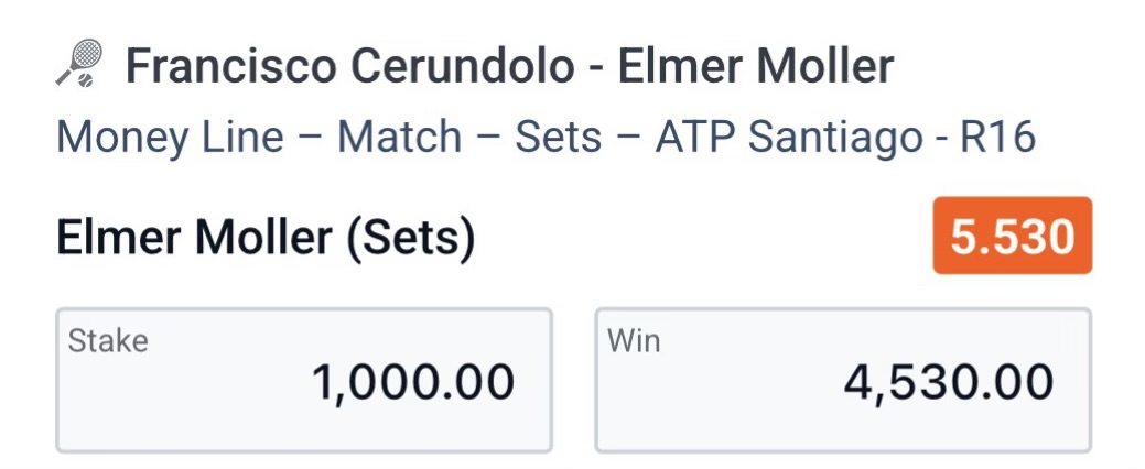 ❌ LOST @ 5.53 | Moller to beat Cerundolo | ATP Santiago odds proof Pinnacle