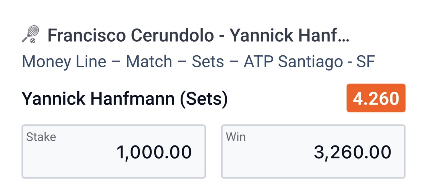 ✅ WON @ 4.26 | Hanfmann to beat Cerundolo | ATP Santiago odds