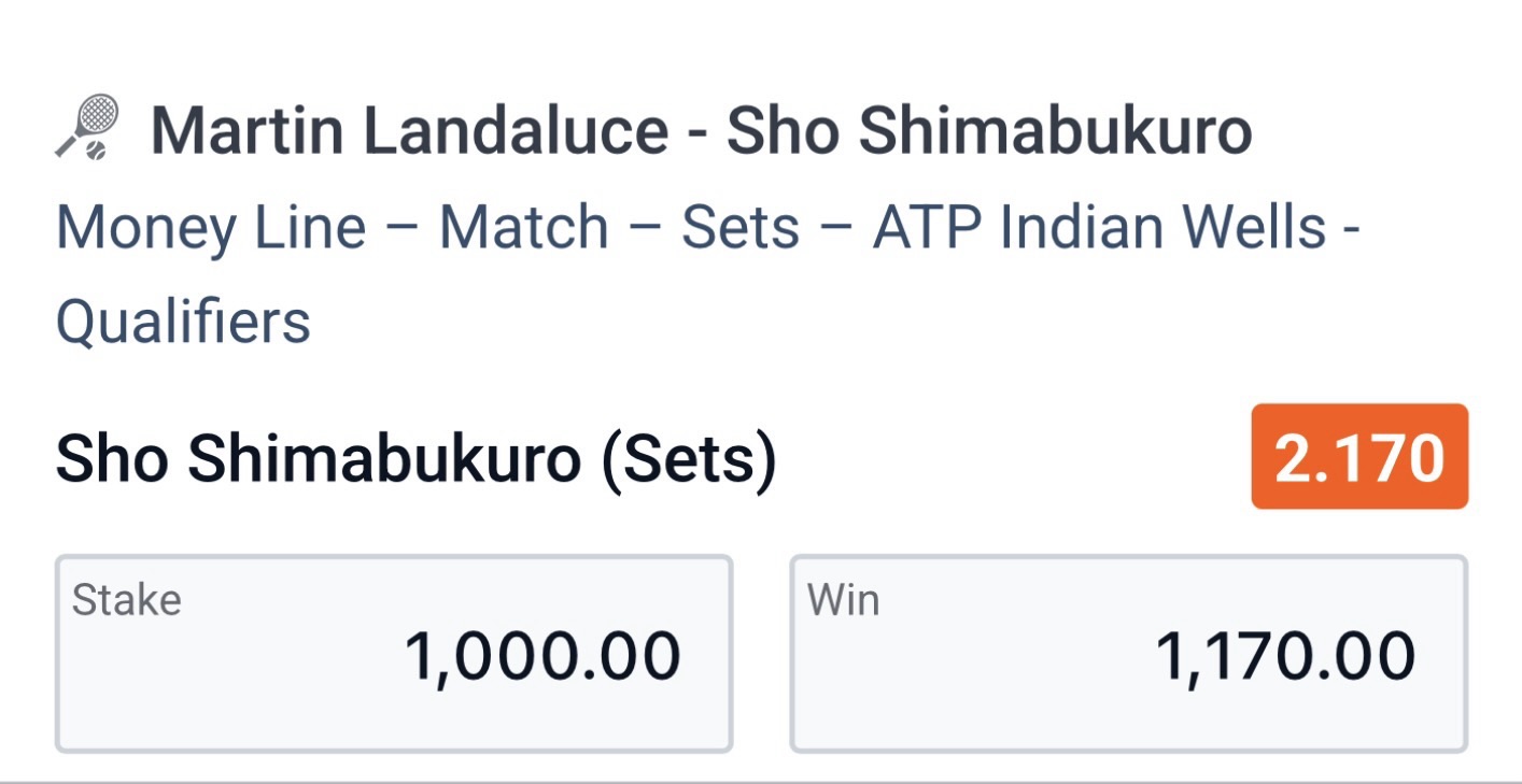 ✅ WON @ 2.17 | Shimabukuro to beat Landaluce | ATP Indian Wells odds