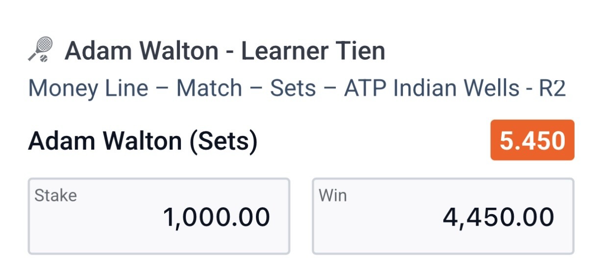 ❌ LOST @ 5.45 | Walton to beat Tien | ATP Indian Wells odds