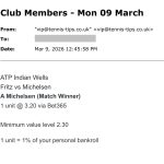 ✅ WON @ 3.20 | Michelsen to beat Fritz | ATP Indian Wells email