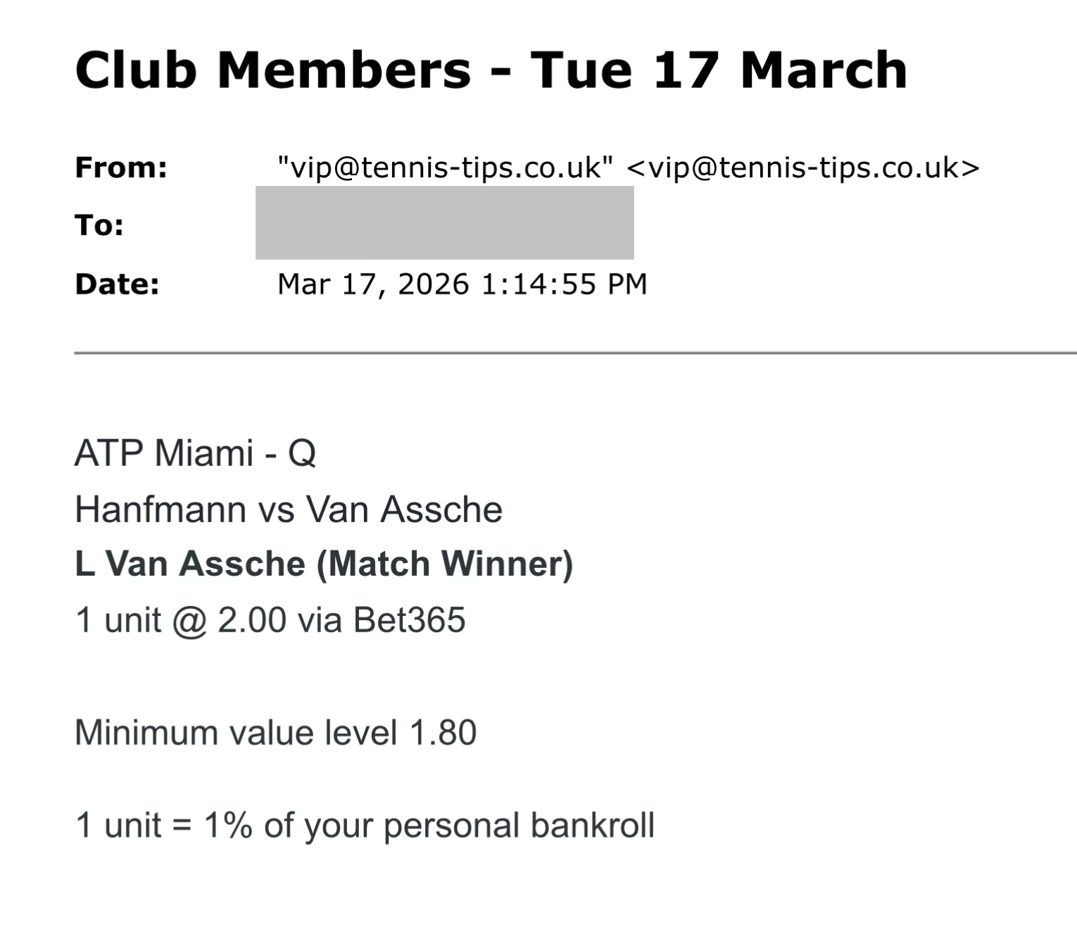 ❌ LOST @ 2.00 | Van Assche to beat Hanfmann | ATP Miami betting tips email