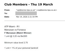 ❌ LOST @ 3.20 | Marozsan to beat Fonseca | ATP Miami email