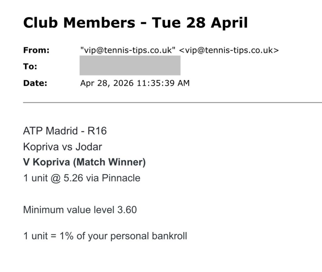 Screenshot from the V Kopriva tennis betting report