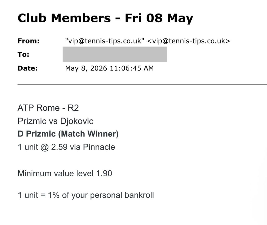 Screenshot from the D Prizmic tennis betting report