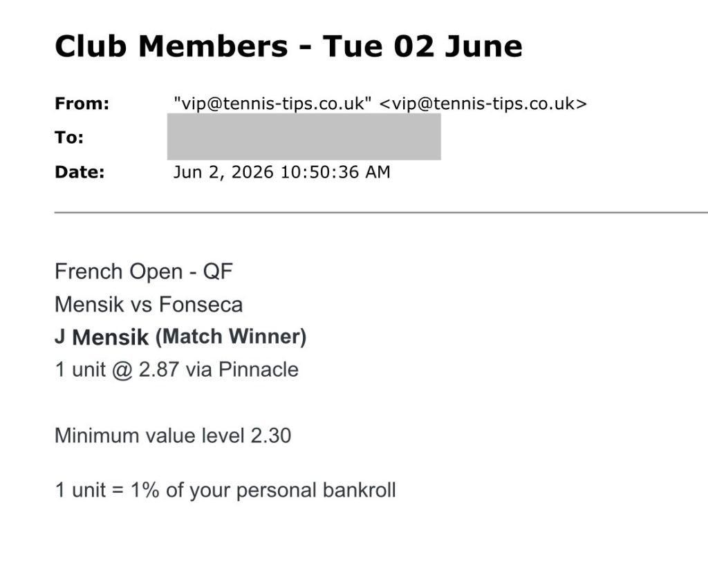 ✅ WON @ 2.87 – Mensik to beat Fonseca | French Open email pick