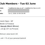 ✅ WON @ 2.87 – Mensik to beat Fonseca | French Open email pick
