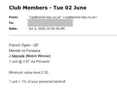 ✅ WON @ 2.87 – Mensik to beat Fonseca | French Open email pick