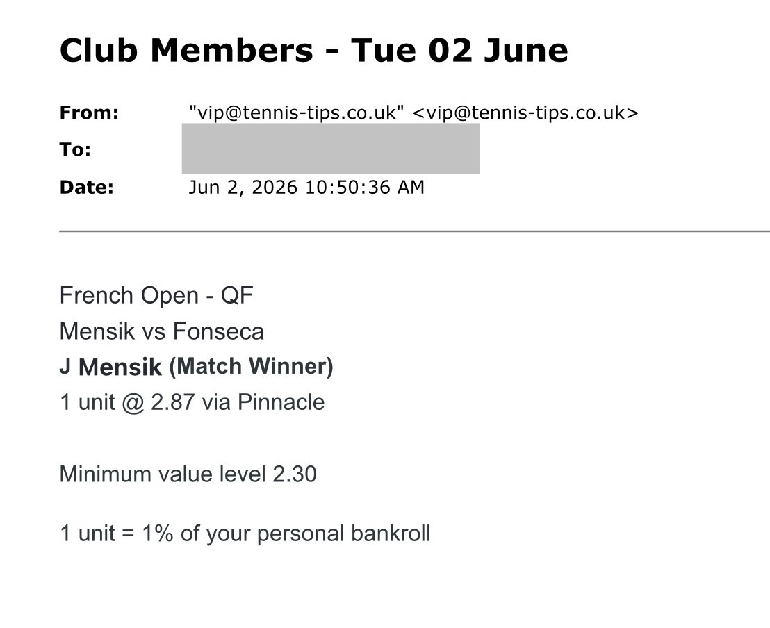 ✅ WON @ 2.87 – Mensik to beat Fonseca | French Open email pick