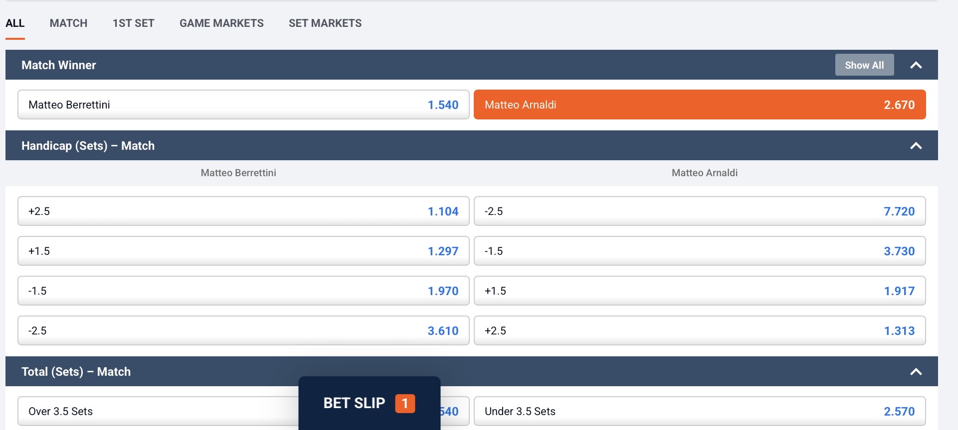 Arnaldi odds