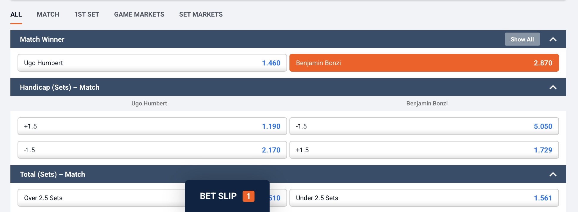 Bonzi odds vs Humbert Thursday 11th June 2026 tennis betting tips
