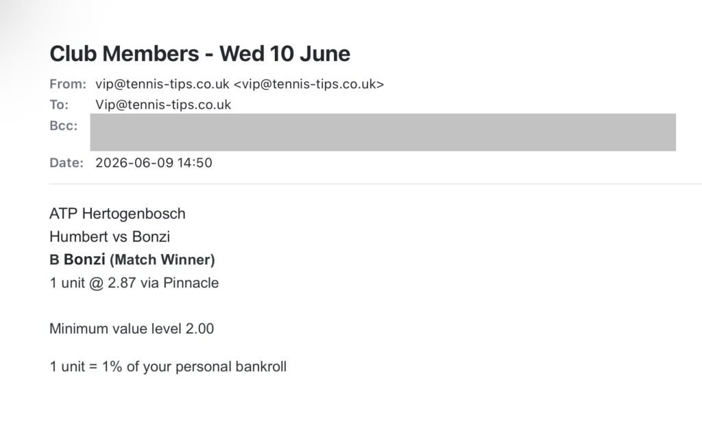 ✅ WON @ 2.87 – Bonzi to beat Humbert | ATP Hertogenbosch betting tips email