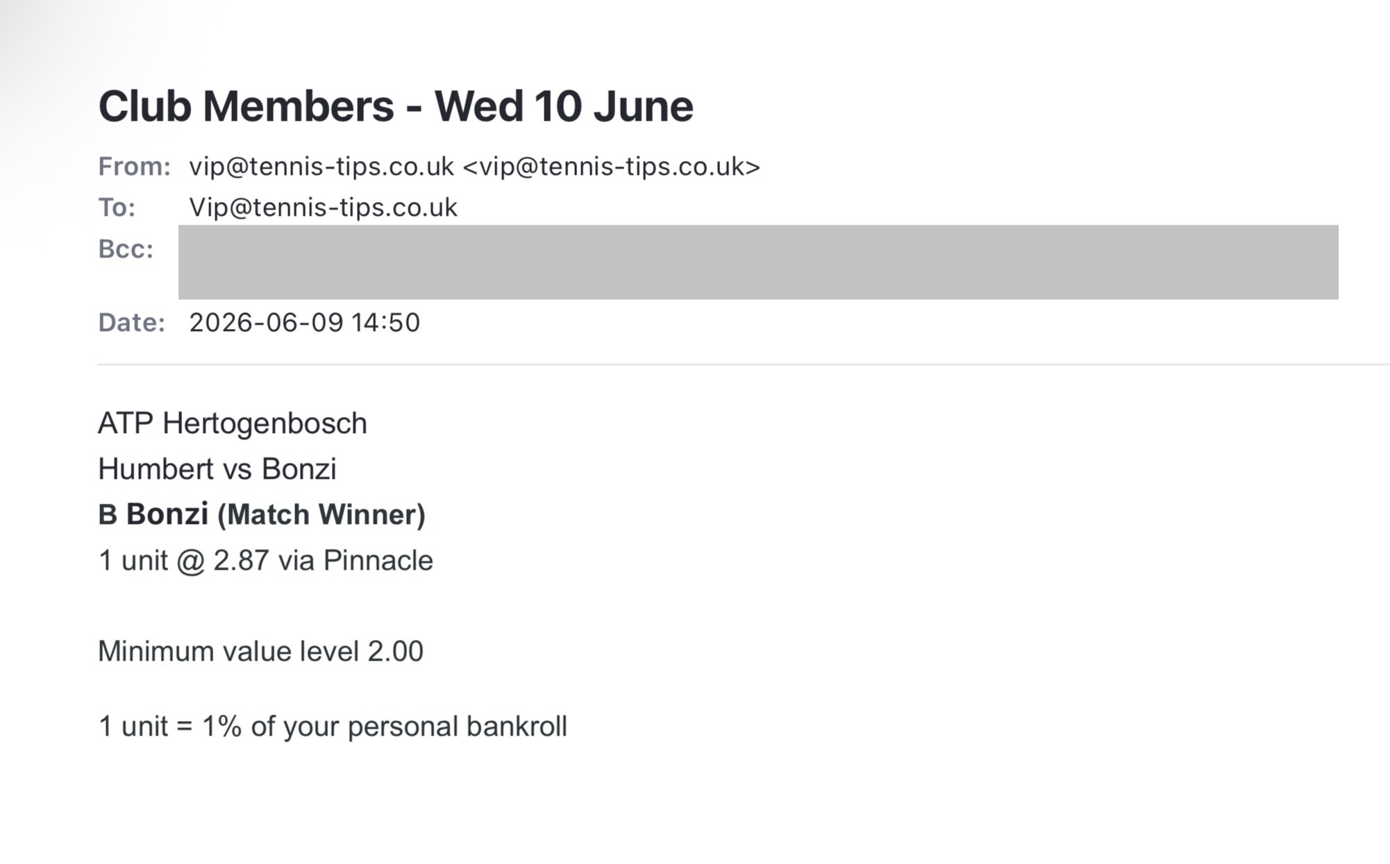 ✅ WON @ 2.87 – Bonzi to beat Humbert | ATP Hertogenbosch betting tips email