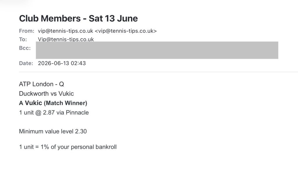✅ WON @ 2.87 – Vukic to beat Duckworth | ATP London Q betting tips