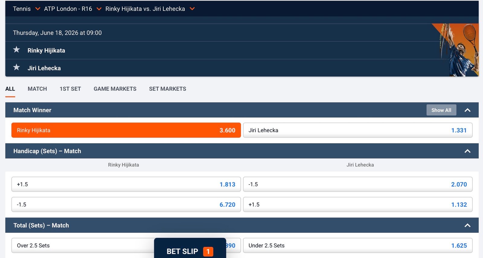❌ LOST @ 3.60 – Hijikata to beat Lehecka | ATP London Odds