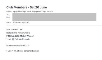 ❌ LOST @ 2.45 – Cerundolo to beat Nakashima | ATP London betting tips