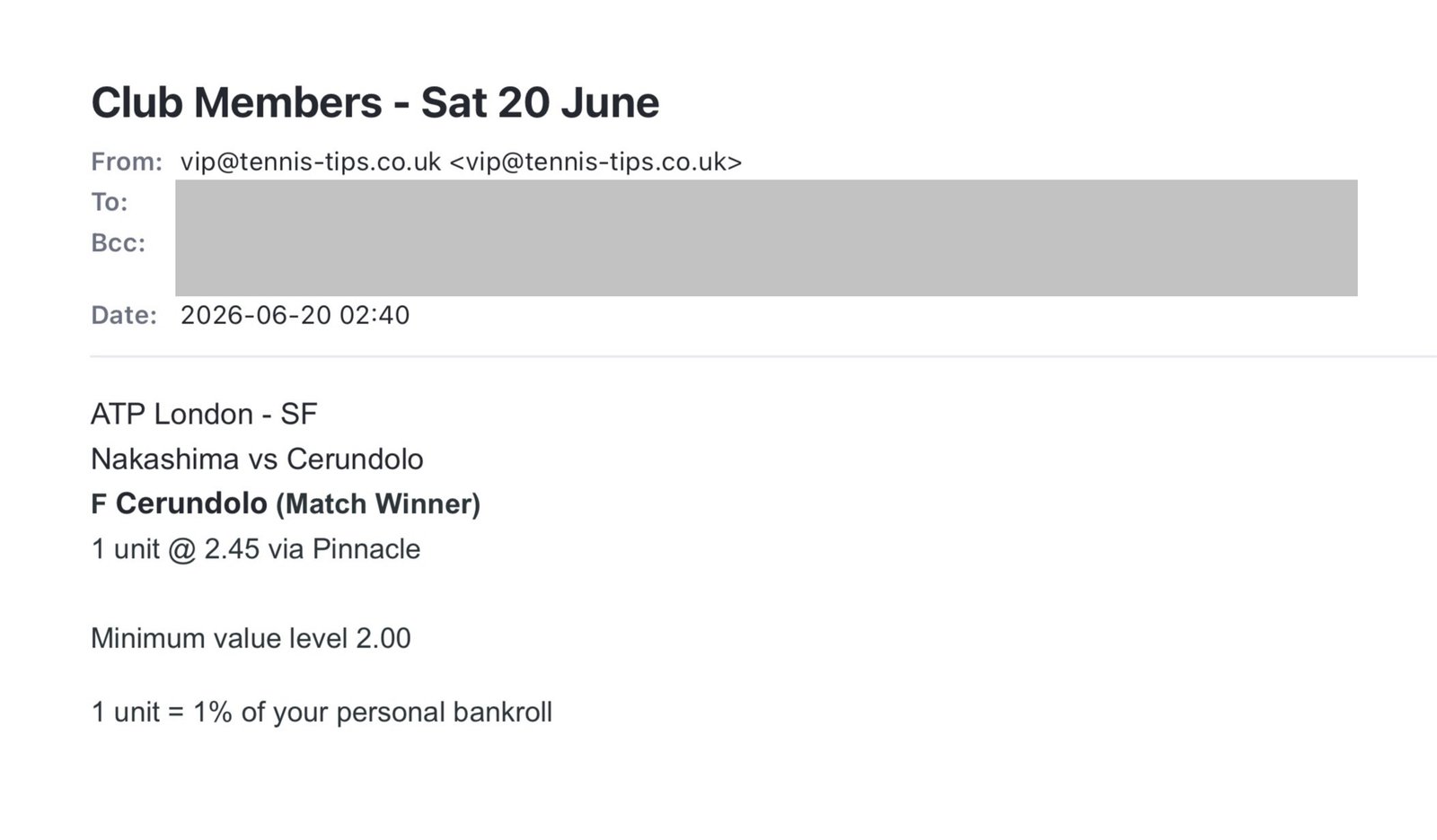 ❌ LOST @ 2.45 – Cerundolo to beat Nakashima | ATP London betting tips