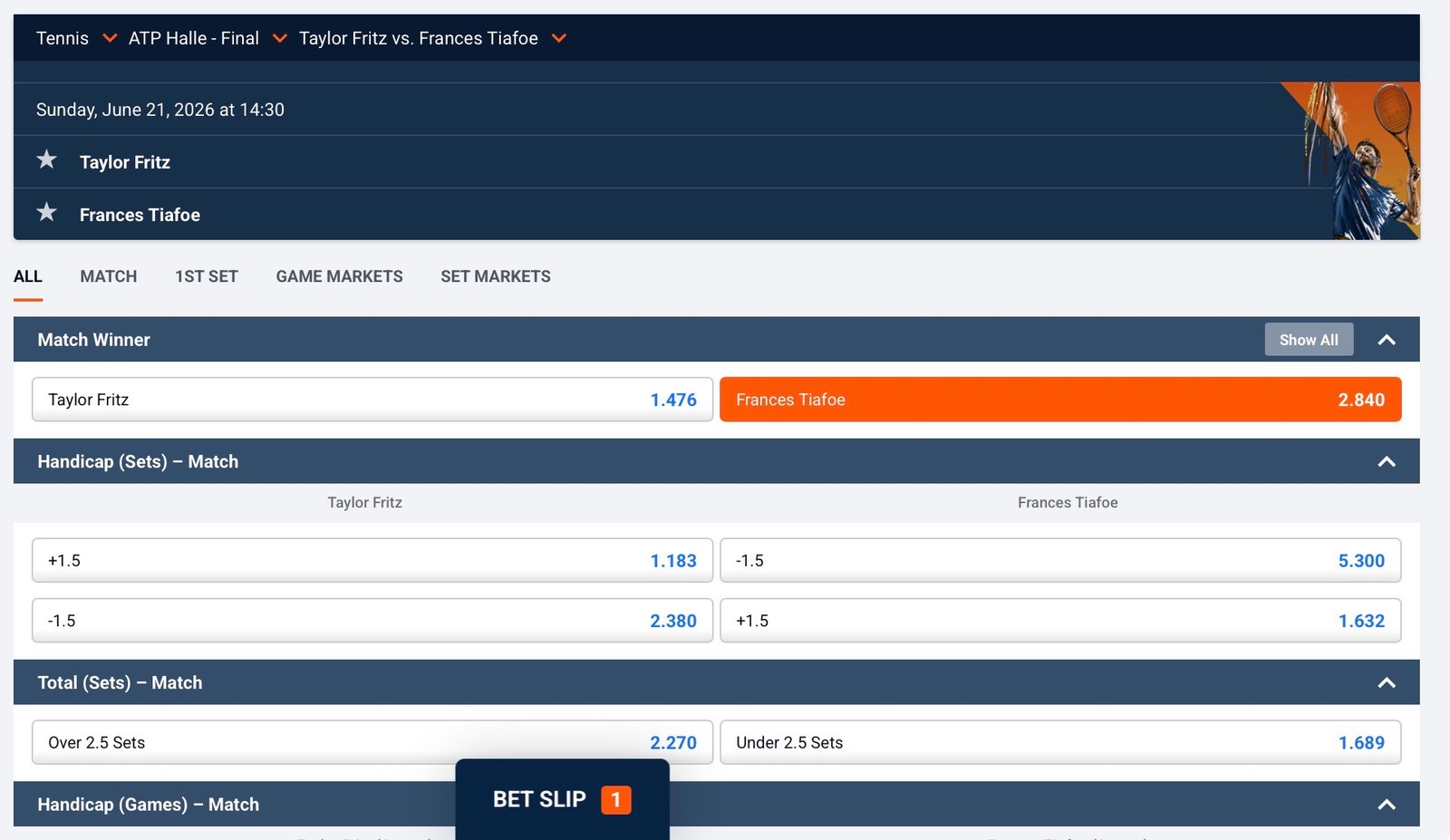 Tiafoe odds for ATP Halle final on Sunday 21st June for tennis betting