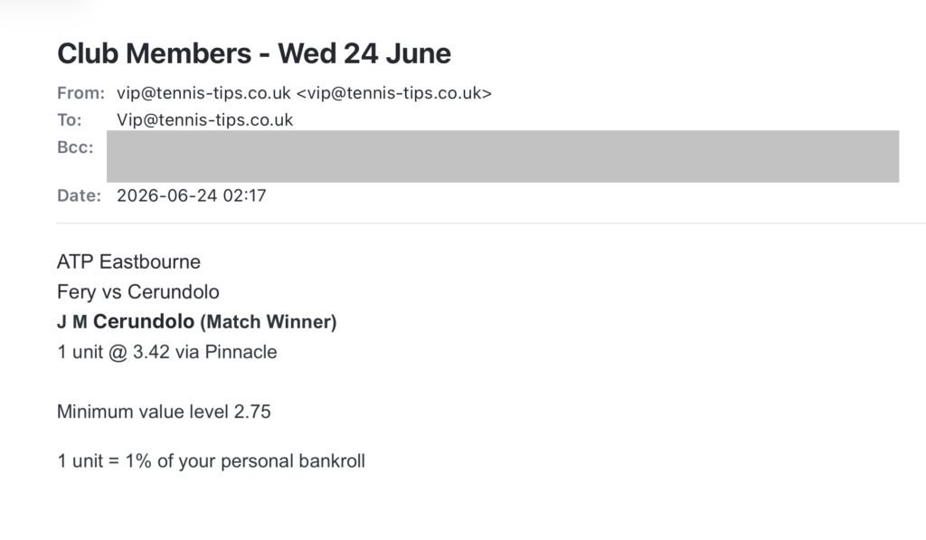 ✅ WON @ 3.42 – Cerundolo to beat Fery | ATP Eastbourne Betting email