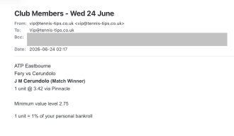 ✅ WON @ 3.42 – Cerundolo to beat Fery | ATP Eastbourne Betting email