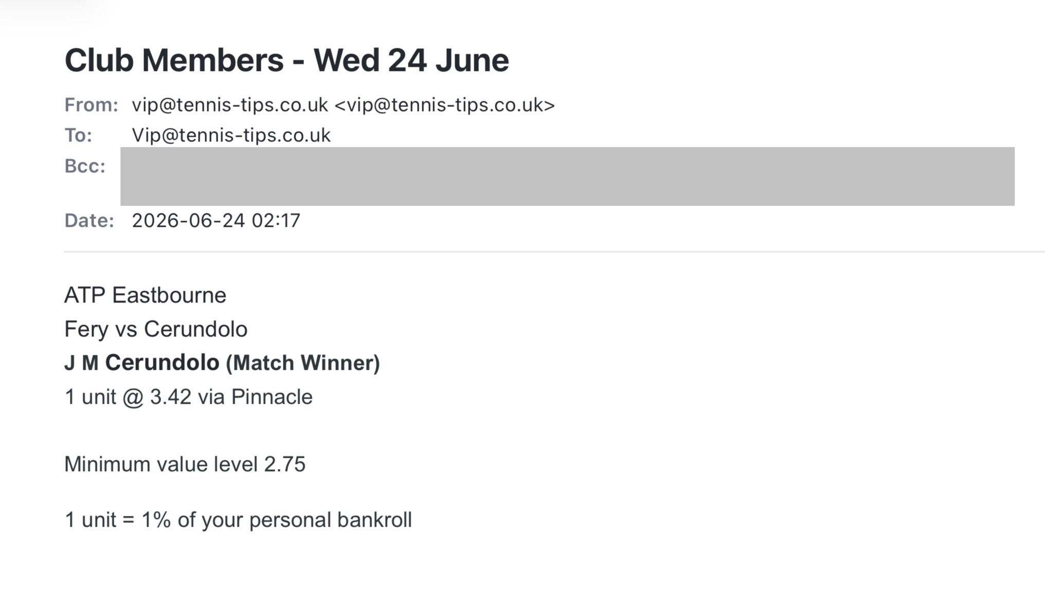 ✅ WON @ 3.42 – Cerundolo to beat Fery | ATP Eastbourne Betting email
