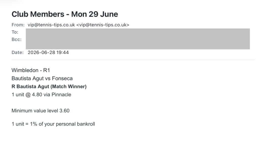 ❌ LOST @ 4.80 – Bautista Agut to beat Fonseca | Wimbledon email