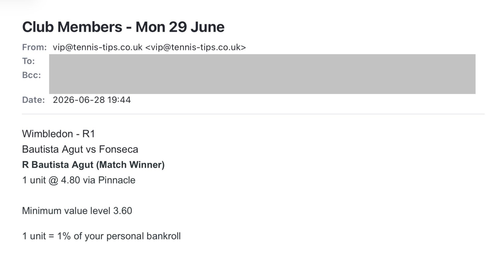 ❌ LOST @ 4.80 – Bautista Agut to beat Fonseca | Wimbledon email
