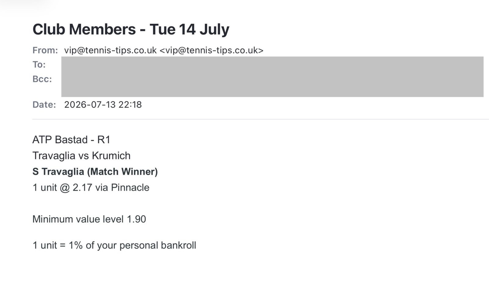 ✅ WON @ 2.17 – Travaglia to beat Krumich | ATP Bastad email