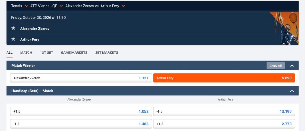 Recorded odds screenshot for Arthur Fery vs Alexander Zverev