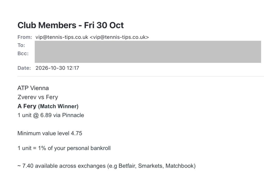 Redacted member email screenshot for Arthur Fery vs Alexander Zverev