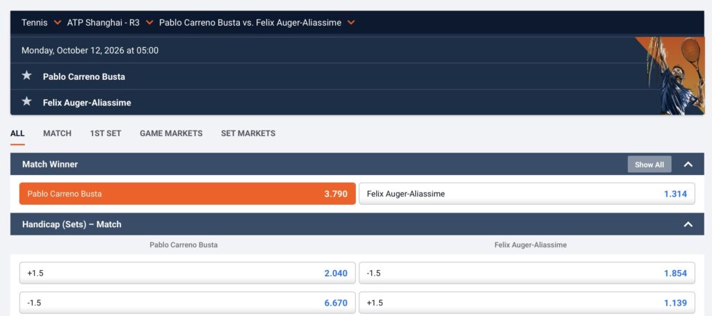 Recorded odds screenshot for Pablo Carreño Busta vs Félix Auger-Aliassime