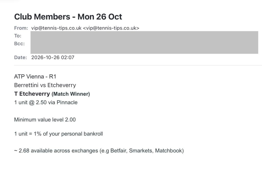 Redacted member email screenshot for Tomas Martin Etcheverry vs Matteo Berrettini