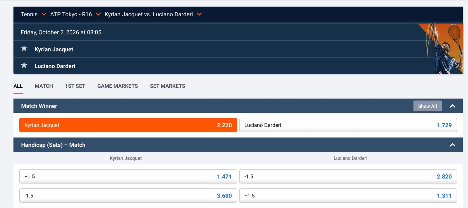 Jacquet to beat Darderi | ATP Tokyo odds betting