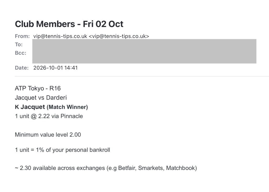 Jacquet to beat Darderi | ATP Tokyo email sent to members betting tips