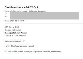 Jacquet to beat Darderi | ATP Tokyo email sent to members betting tips
