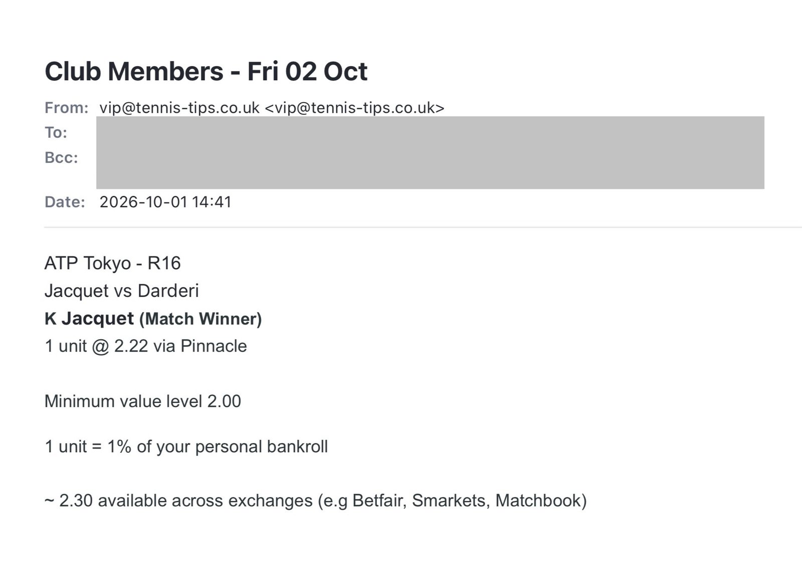 Jacquet to beat Darderi | ATP Tokyo email sent to members betting tips