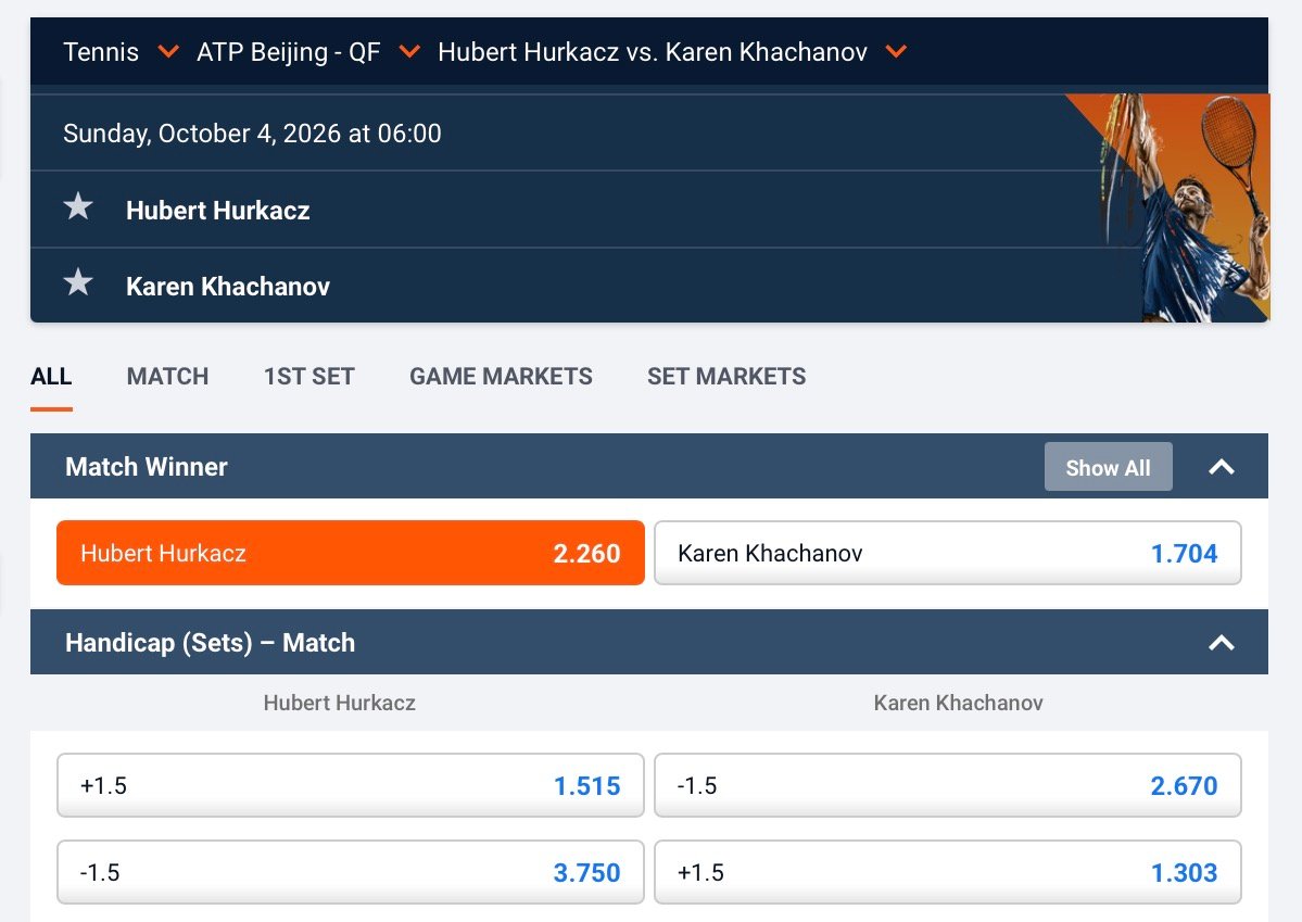 Screenshot of Hurkacz odds to beat Khachanov in ATP Beijing QF on Sunday 4th October 2026