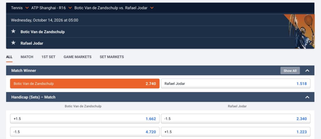 Recorded odds screenshot for Botic van de Zandschulp vs Rafael Jódar