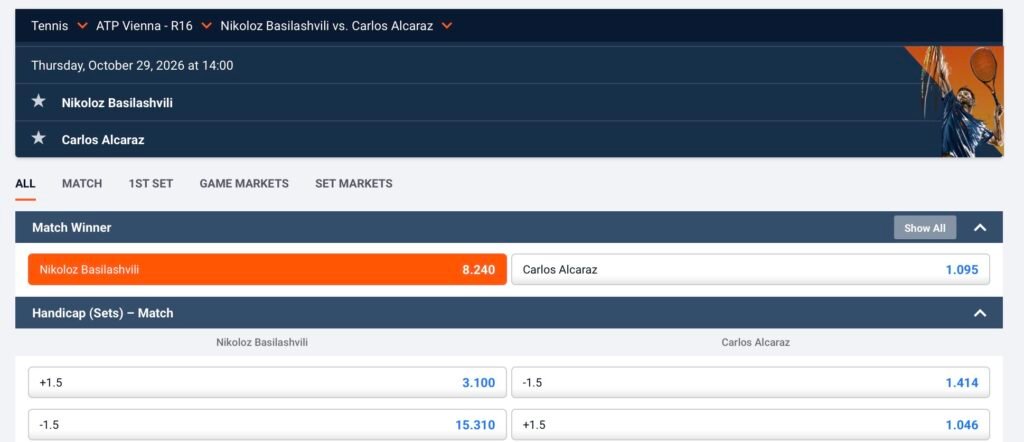 Recorded odds screenshot for Nikoloz Basilashvili vs Carlos Alcaraz